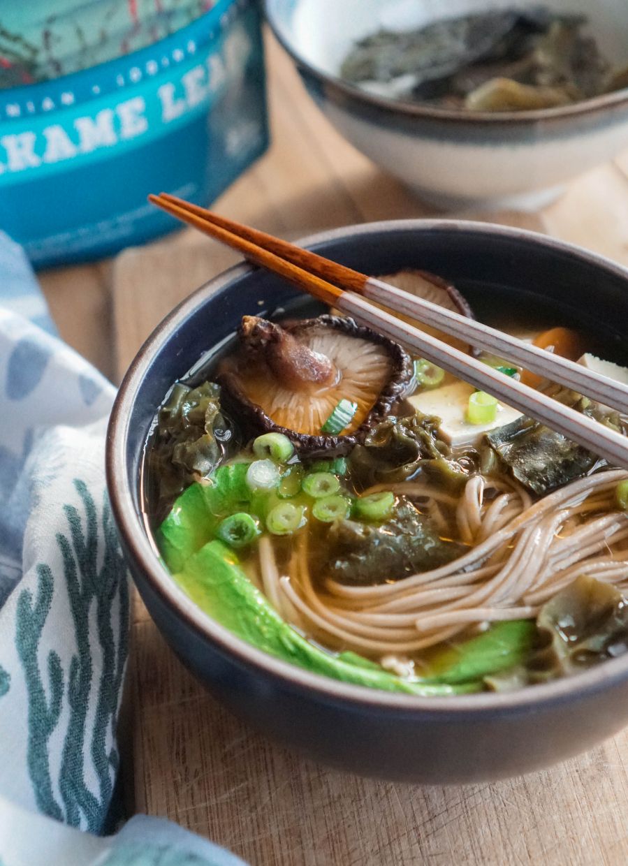 Miso noodle soup with wakame leaf