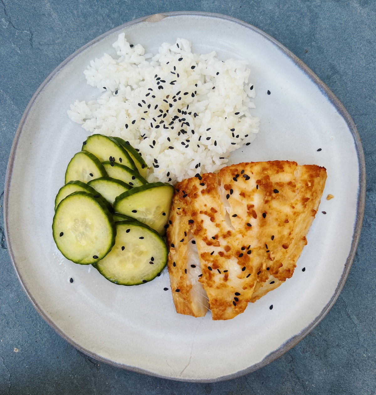 Teriyaki Sablefish with Cucumber Salad & Rice