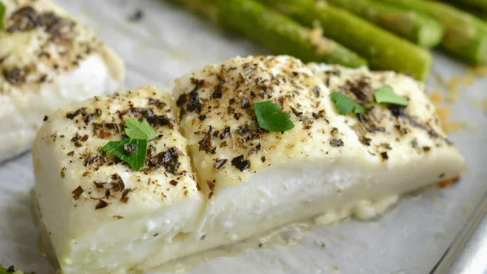 Image of Baked Garlic Parmesan Halibut & Asparagus