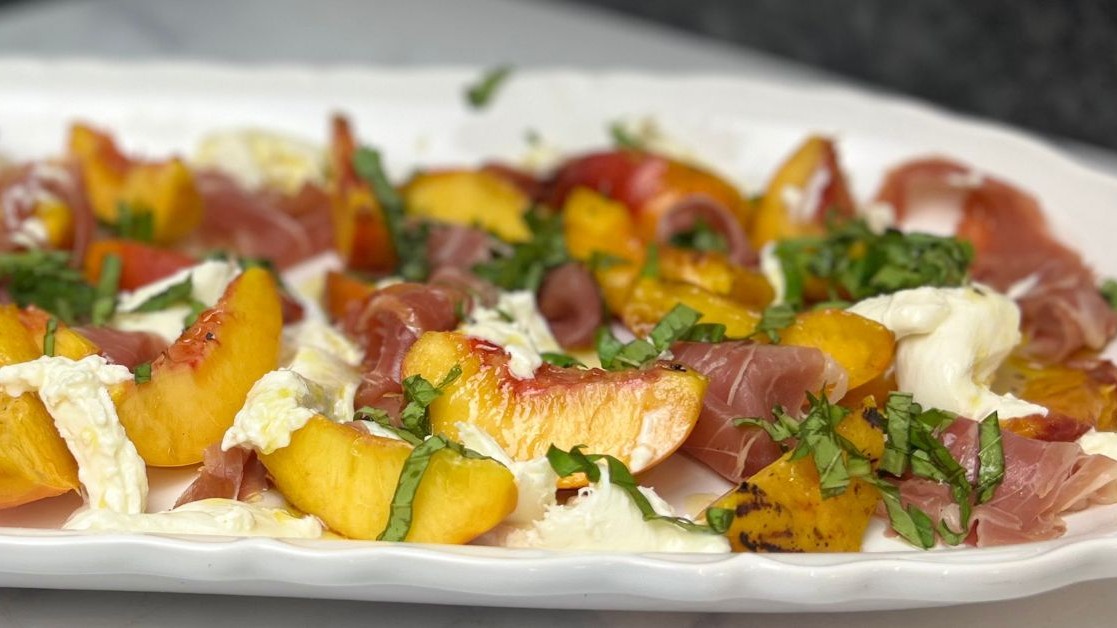 Image of Grilled Peaches and Burrata Salad with Basil EVOO & Honey Lemon White Balsamic Vinegar