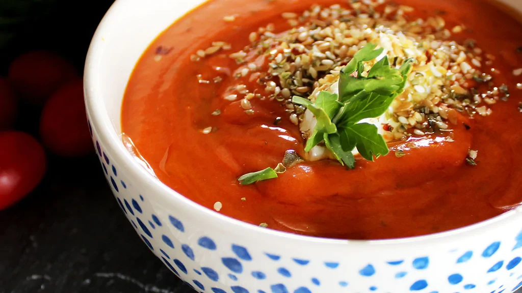 Image of Tomato and Sweet Basil Soup with Zesty Italian Crunch Toppers