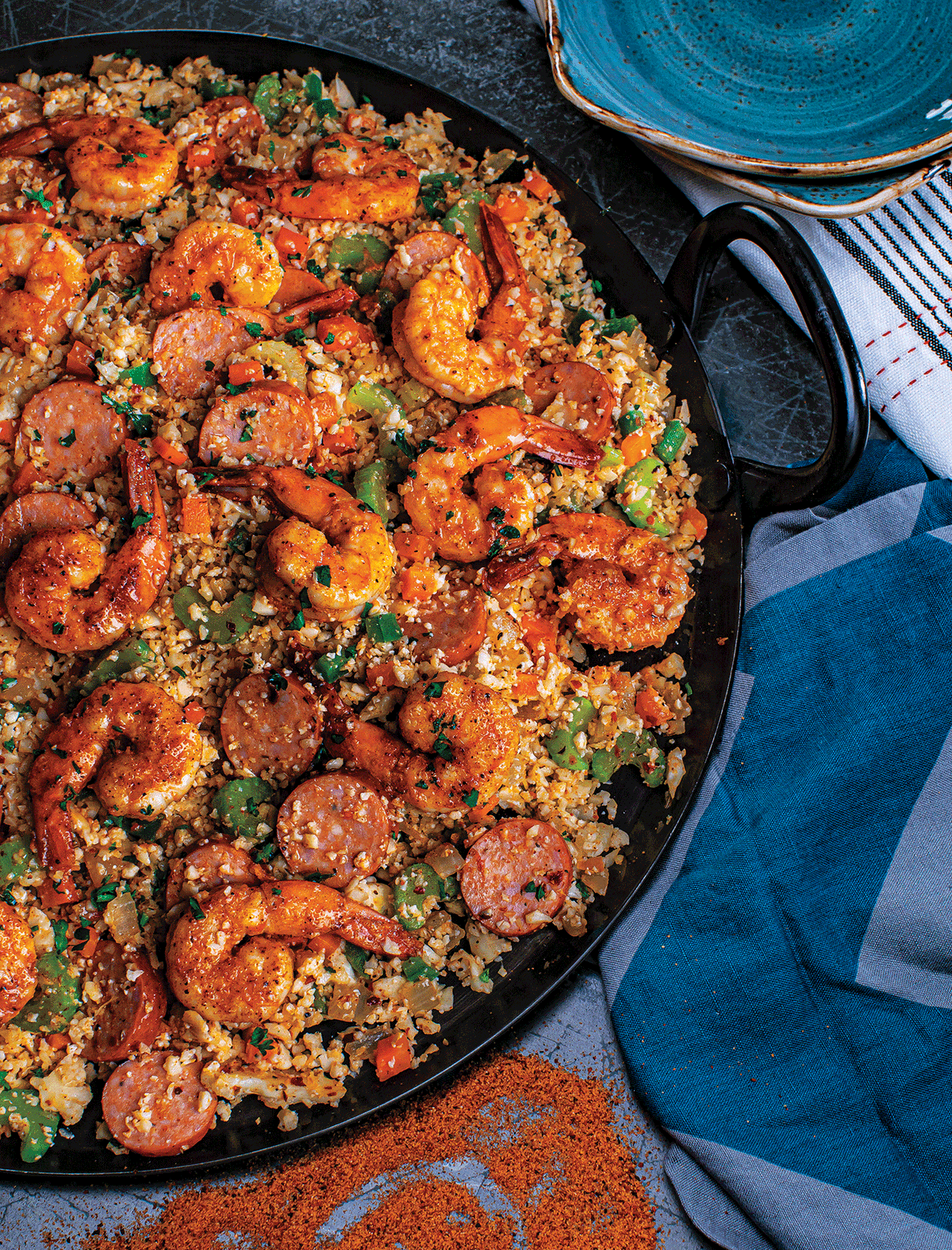 Blackened BBQ Shrimp, Andouille Sausage & Cauliflower Dirty Rice