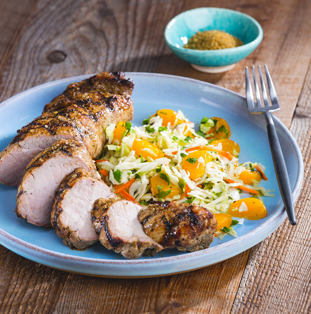 Grilled Pork Tenderloin with Mojo Slaw