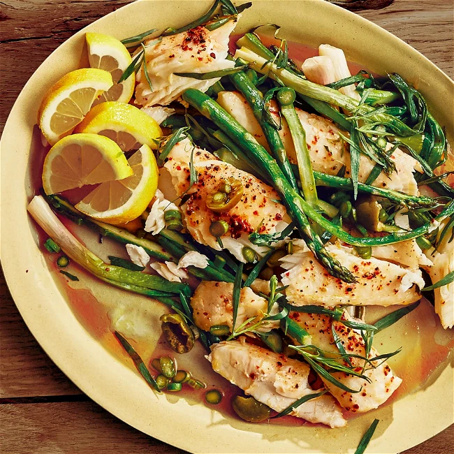Image of Butter-Roasted Halibut with Asparagus and Olives