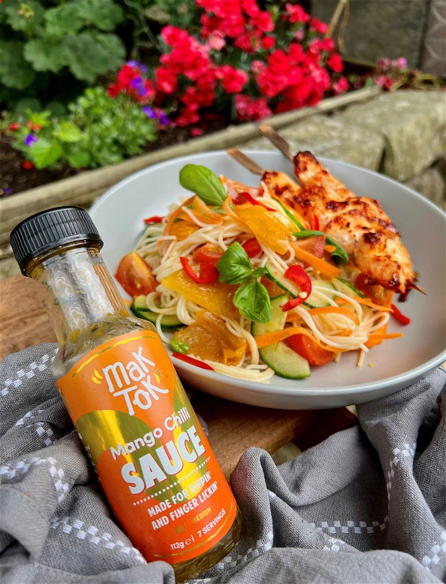 Image of Mango Noodle Salad with BBQ Chicken Skewers