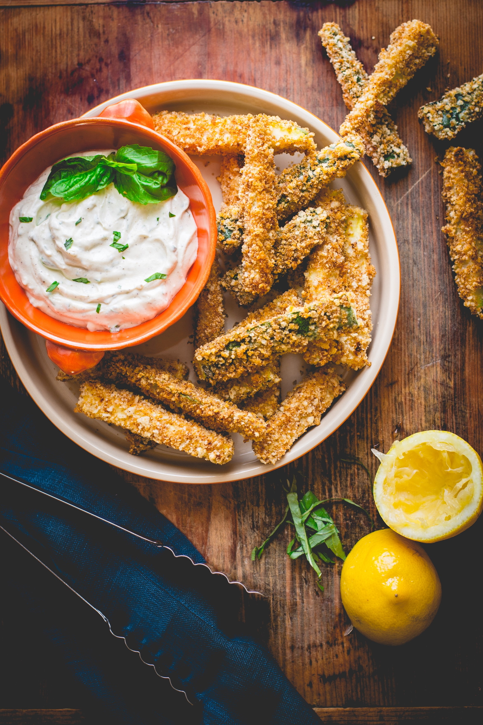 Baked Breaded Zucchini Sticks with Greek Yogurt Dip