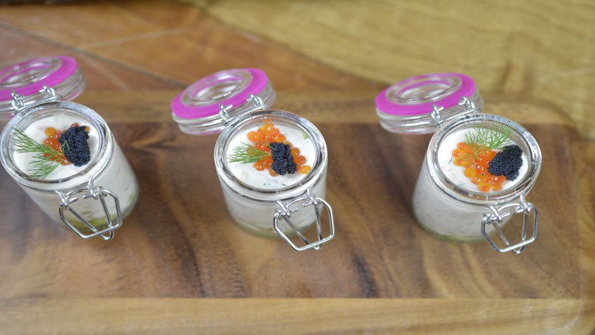 Image of Salmon mousse with cucumber salad, caviar and rose liqueur