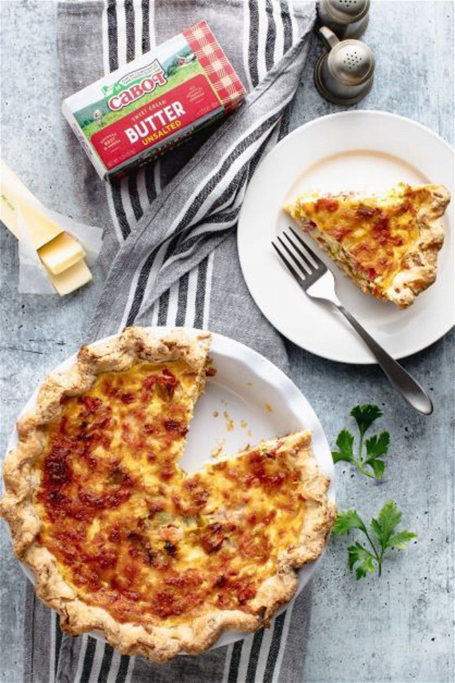 Image of Cabot Sharp Cheddar Tomato Leek Quiche with Sour Cream Bacon Crust
