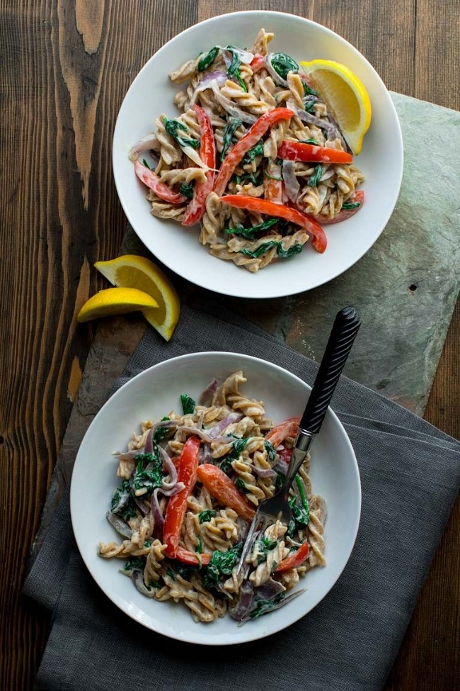 Image of Chickpea Pasta with Spinach and Peppers
