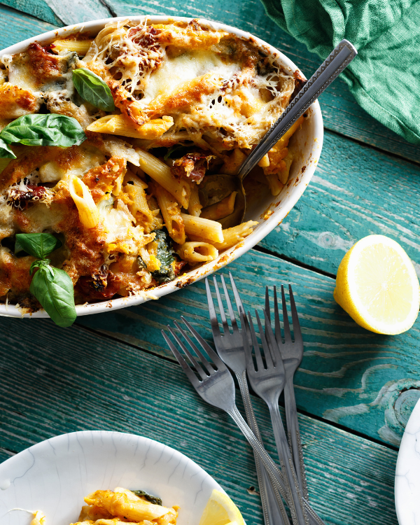 Image of Baked Penne with Mushrooms, Spinach & Crispy Prosciutto