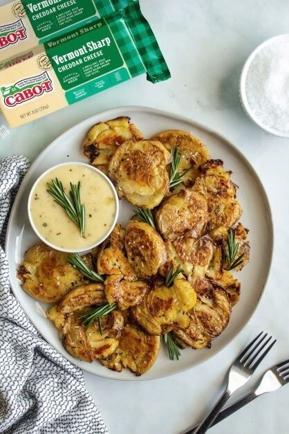Image of Crispy Garlic Smashed Potatoes with Cheddar Rosemary Dip
