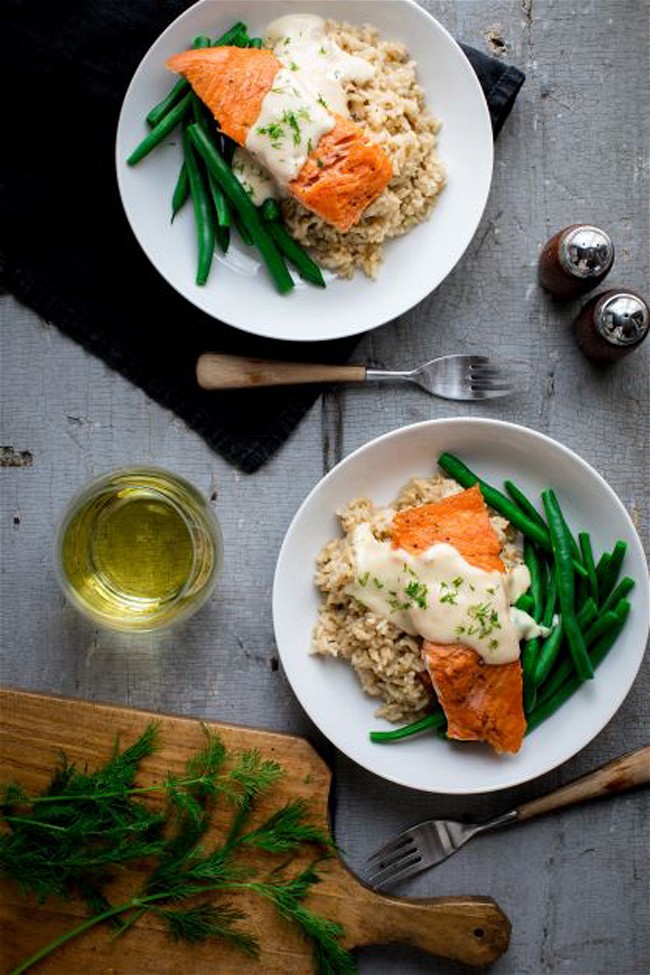 Image of Crispy Seared Salmon with White Wine Cheddar Sauce