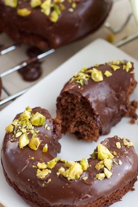 Image of Dark Chocolate Glazed Baked Doughnuts with Pistachios