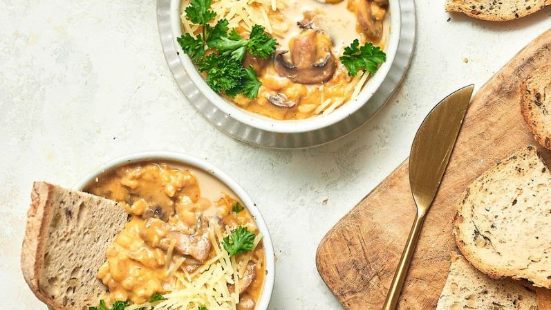 Image of Vegetarian Tahini Mushroom Barley Soup