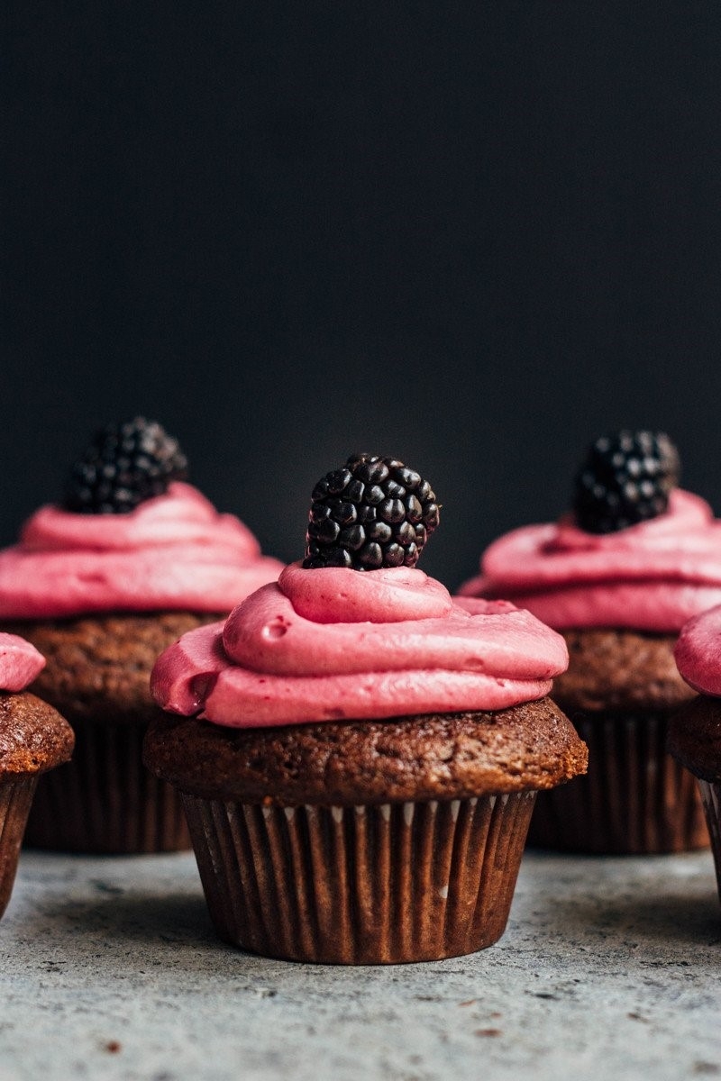 Greek Yogurt Chocolate Cupcakes with Blackberry Frosting