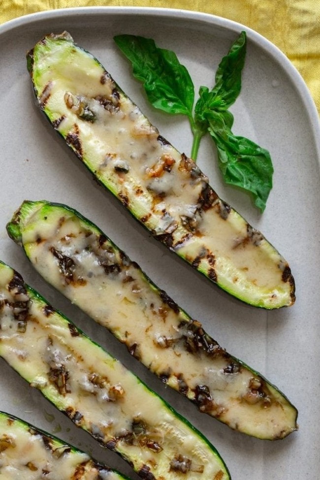 Image of Grilled Cheddar Zucchini Boats with Balsamic Leeks