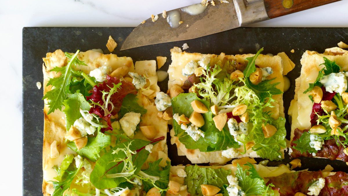Image of Lavash Pizza with a Salad of Greens, Gorgonzola and Toasted Almonds