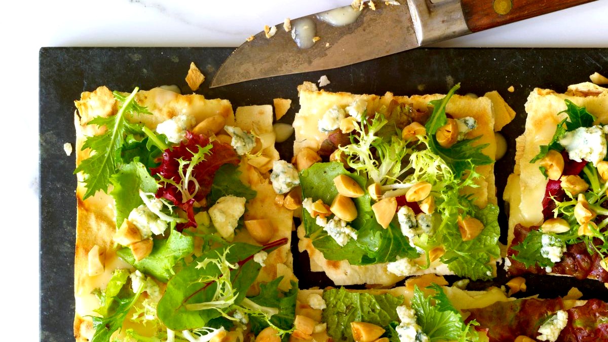 Image of Lavash Pizza with a Salad of Greens, Gorgonzola and Toasted Almonds