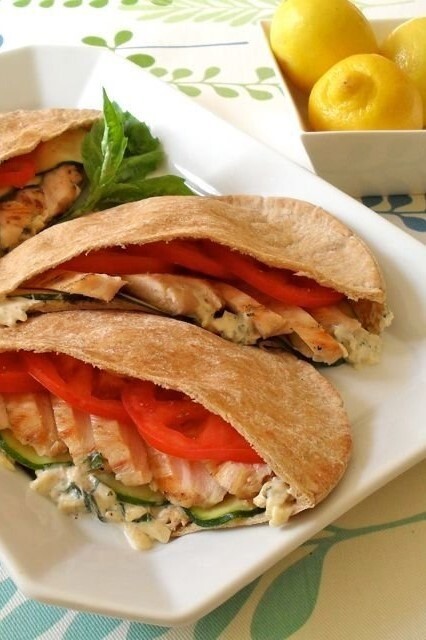Image of Grilled Chicken Pitas with Basil Cheddar Mayonnaise