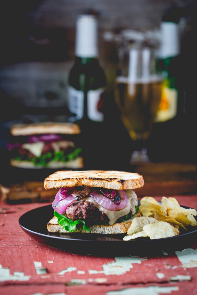 Image of Grilled Onion Cheddar Burgers with Horseradish