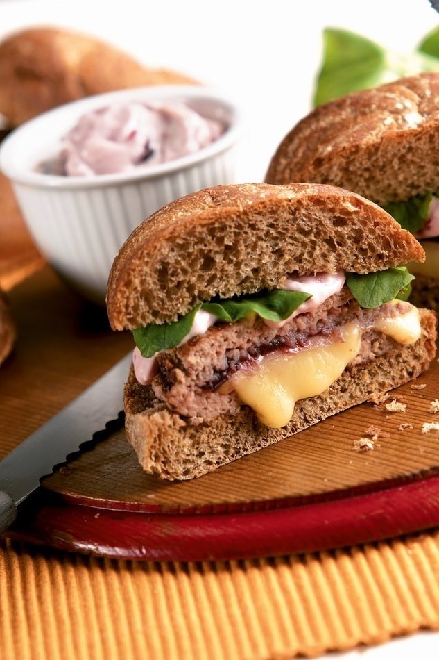 Image of Harvest Stuffed Turkey Burgers with Cranberry Mayo