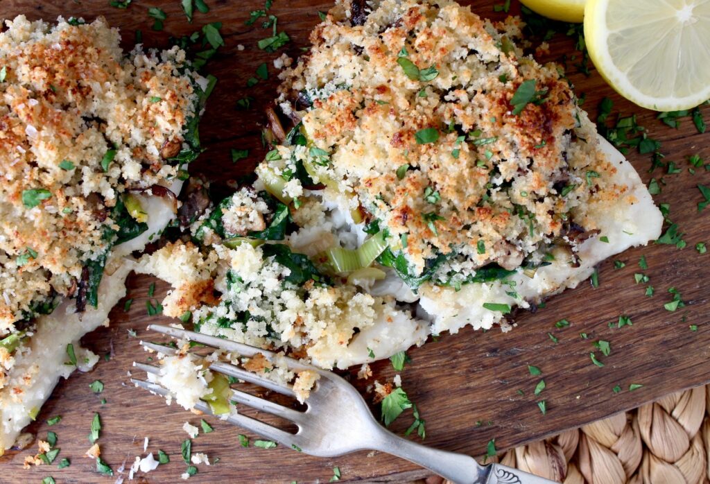 Tripletail Stuffed with Leek, Mushroom & Spinach