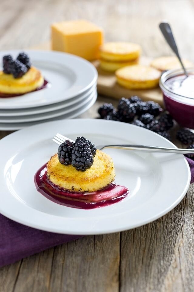 Image of Seriously Sharp Cheddar Polenta Cakes with a Spicy Blackberry Sauce