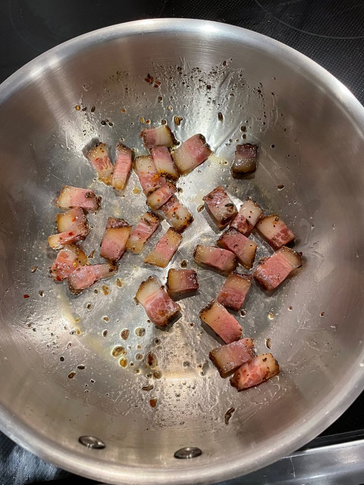 Image of Render your guanciale in the pan over low-medium heat. You...