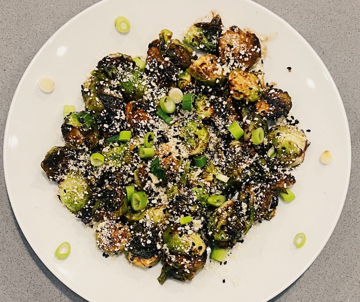 Miso-Sesame Brussel Sprouts with Crispy Panko Topping