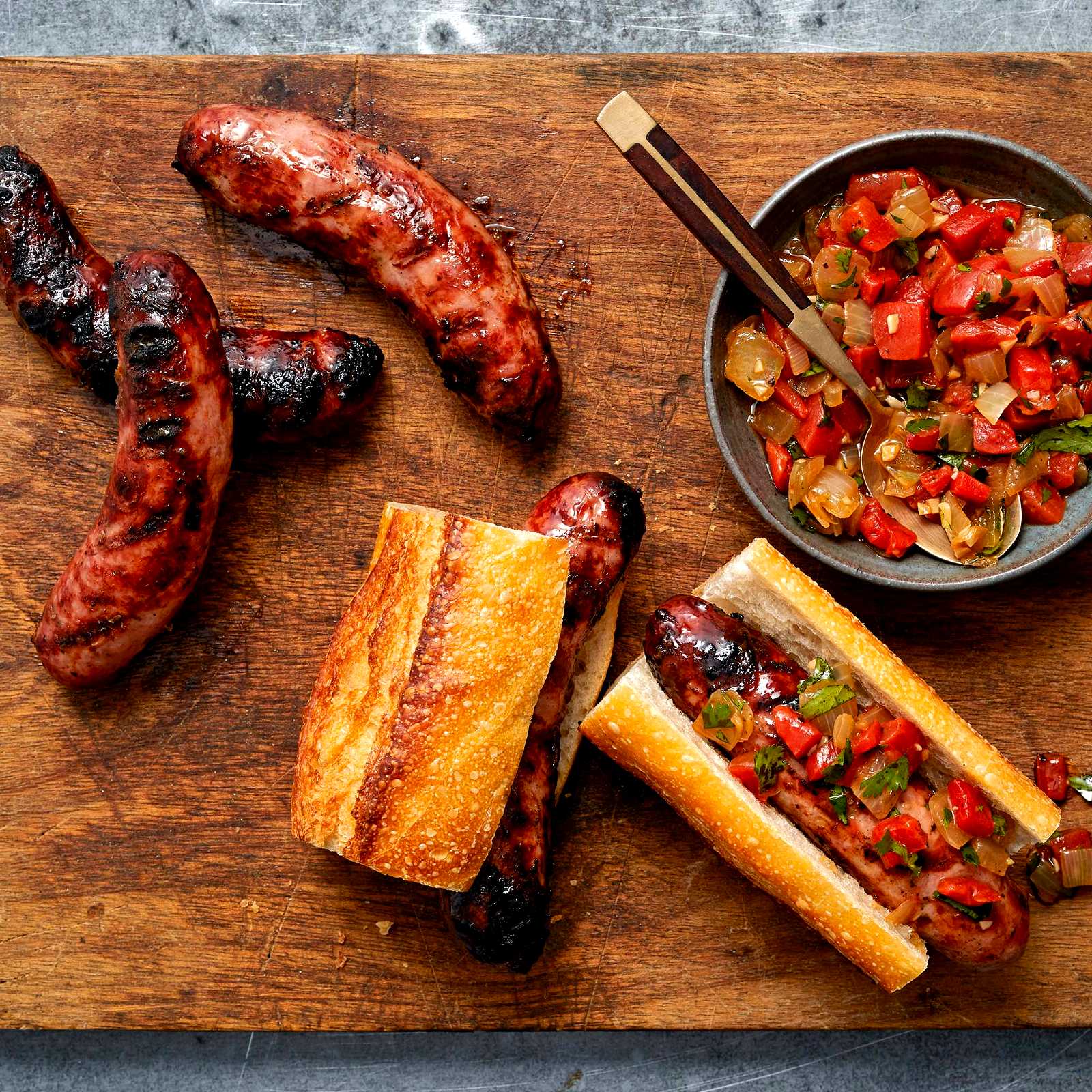 Image of Steakhouse Sausage Choripan  with Roasted Red Pepper Relish