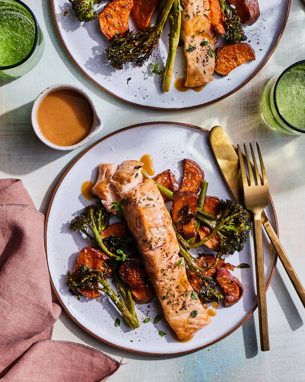 Honey Dijon Salmon with Sweet Potatoes and Broccolini