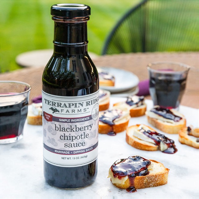 Camembert and Blackberry Chipotle Sauce Crostini