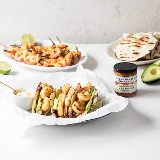 Nashville Hot Spiced Mustard Shrimp Tacos