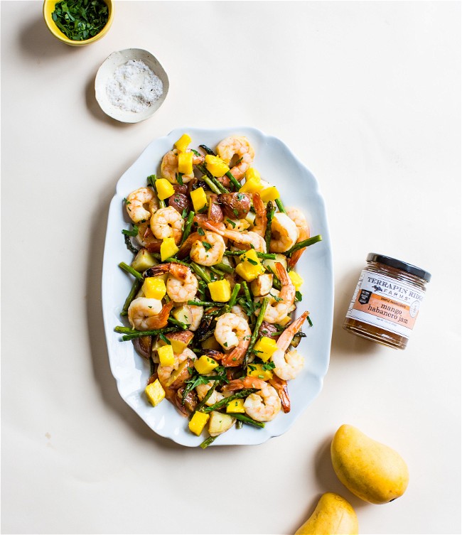 One Pan Mango Habanero Shrimp and Asparagus