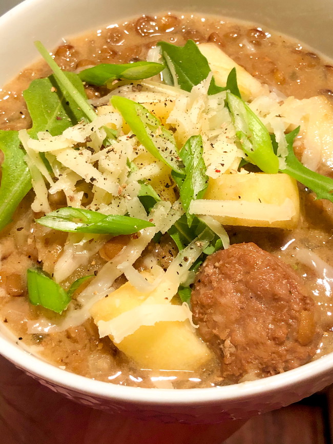 Garlic Kraut Mustard Lentil Soup with Kielbasa, Apples, and Arugula