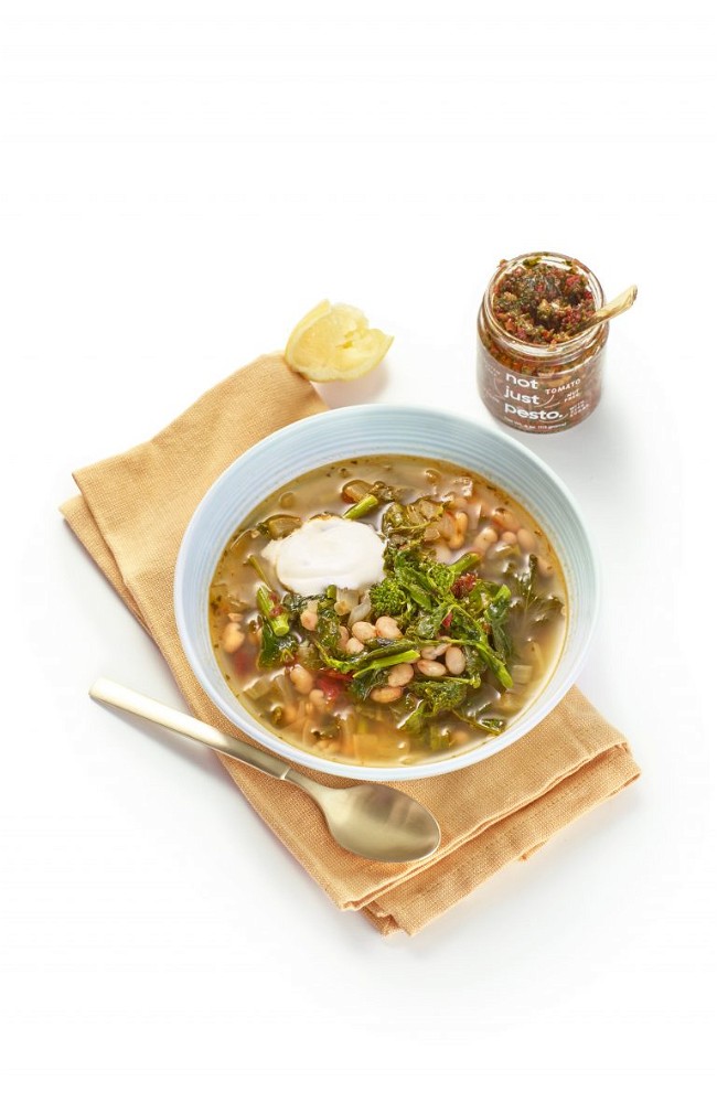 Image of White Bean Soup with Broccoli Rabe and Tomato Pesto