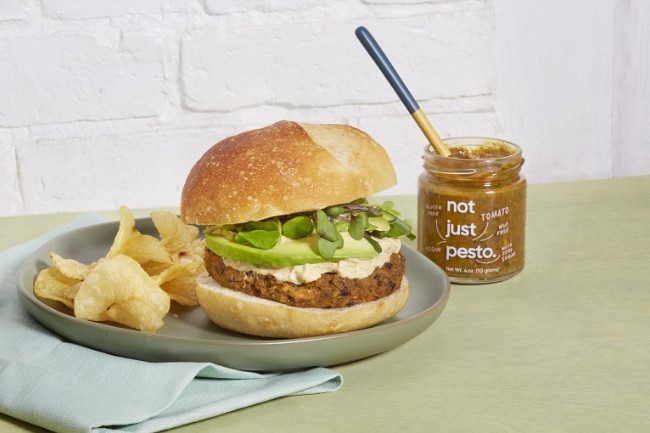 Image of Black Bean + Sweet Potato Veggie Burgers with Not Just Pesto