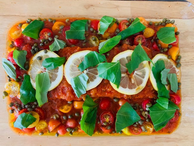 Image of Roasted Salmon with Blistered Tomatoes and Lemon (Keto)