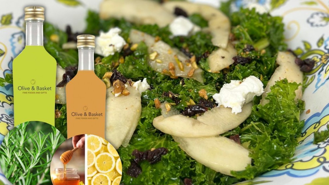 Image of Pear & Goat Cheese Kale Salad with Rosemary Honey Lemon Vinaigrette 