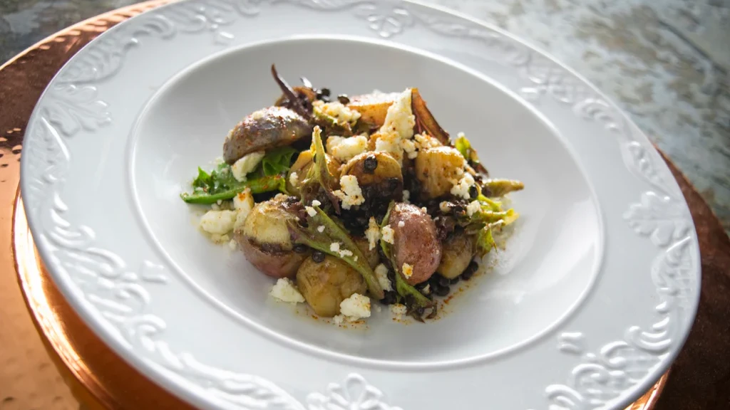 Image of Lentil-Bay Scallop Salad with Spicy Garlic Vinaigrette and Coriander Roasted Radishes