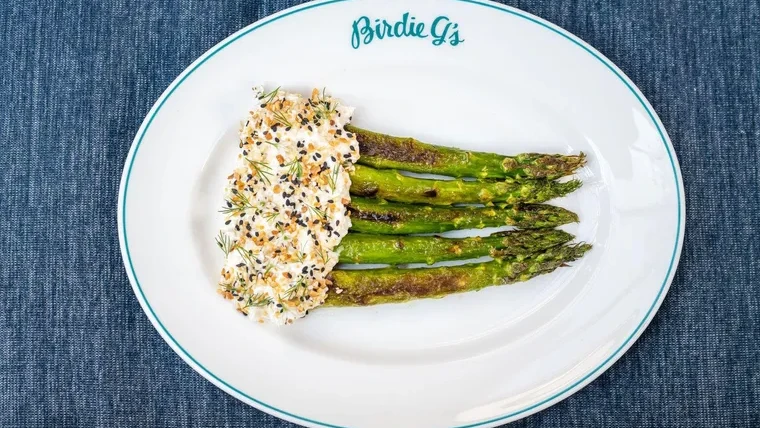 Image of Grilled Asparagus with Horseradish Feta + Everything Bagel Crunch