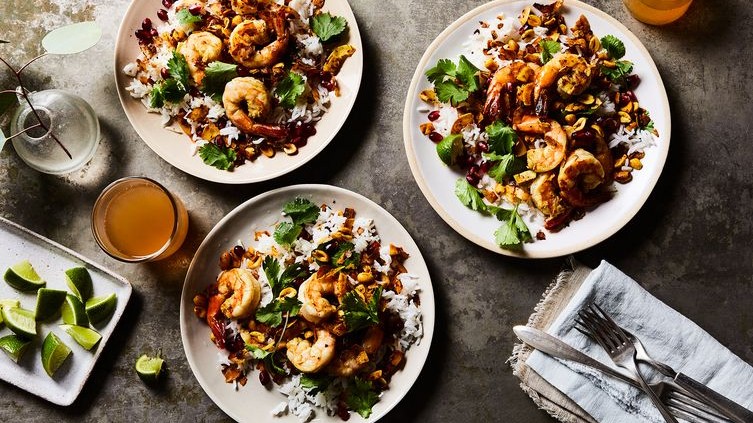 Image of Curry-Coconut Shrimp and Rice Salad with Pomegranate and Lime