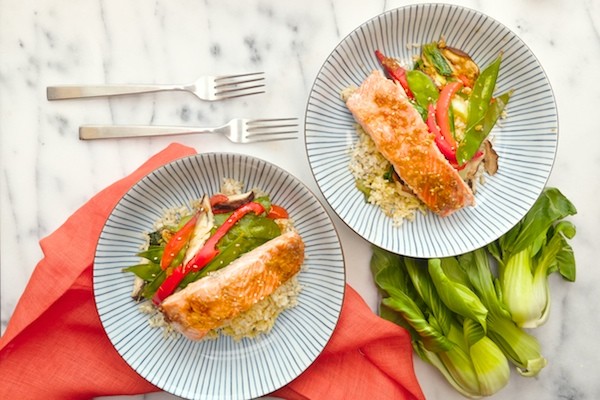 Image of Salmon in Parchment with Asian Vegetables and Brown Rice