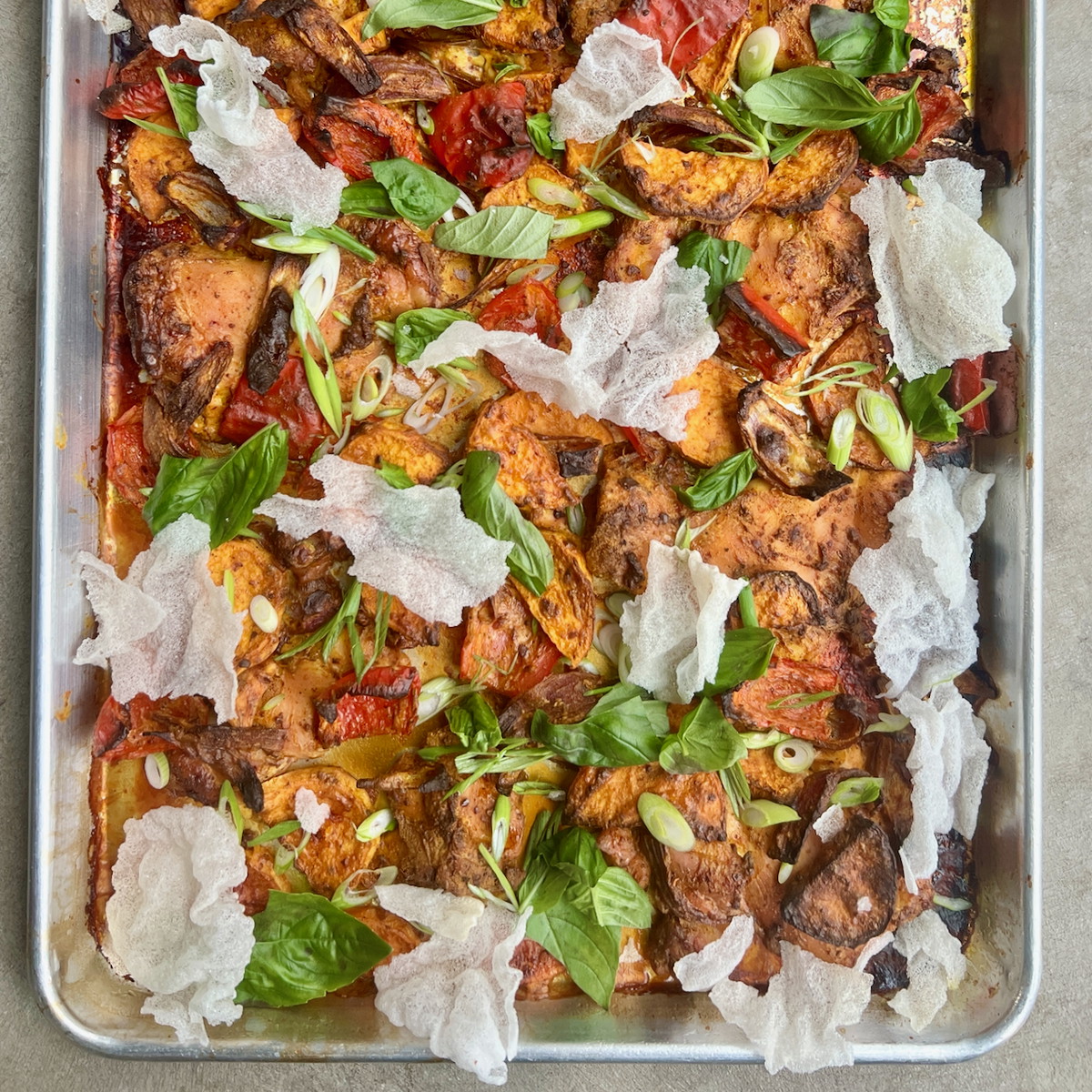 Marinated Sheet Tray Chicken with Sweet Potato and Crispy Rice Paper