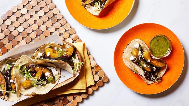 Image of Pumpkin Black Bean Tacos with Cilantro Lime Sauce Recipe