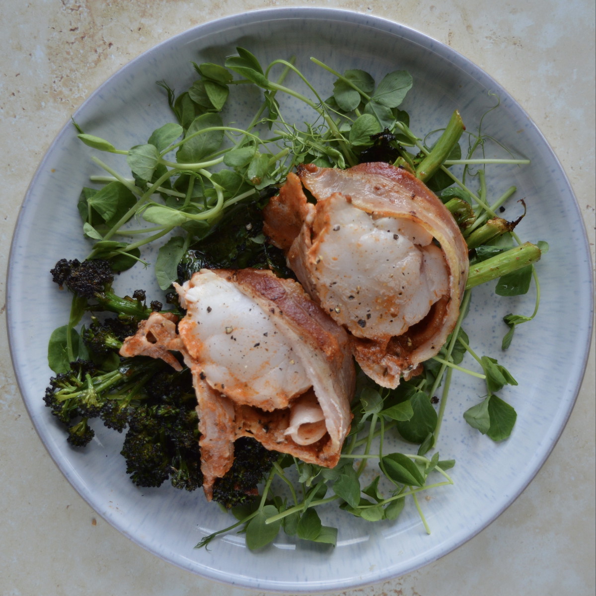 Bacon wrapped Monkfish with chilli pesto & mozzarella