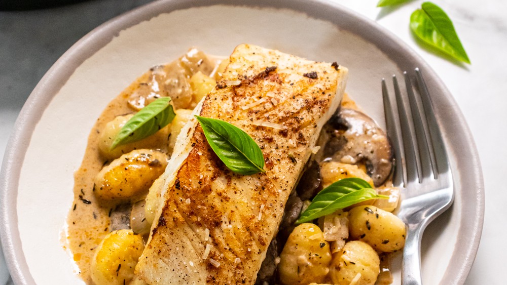Image of Easy Pan Fried Halibut with Gnocchi and Mushrooms Recipe