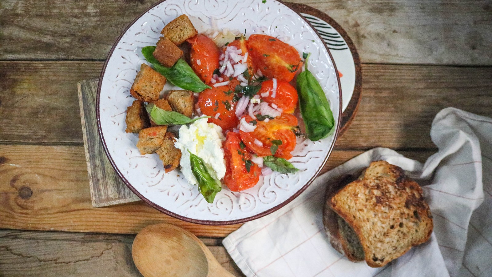 Image of Recipe-192-EVOO Fried Bred Panzanella with Ricotta and Heirloom Tomatoes 
