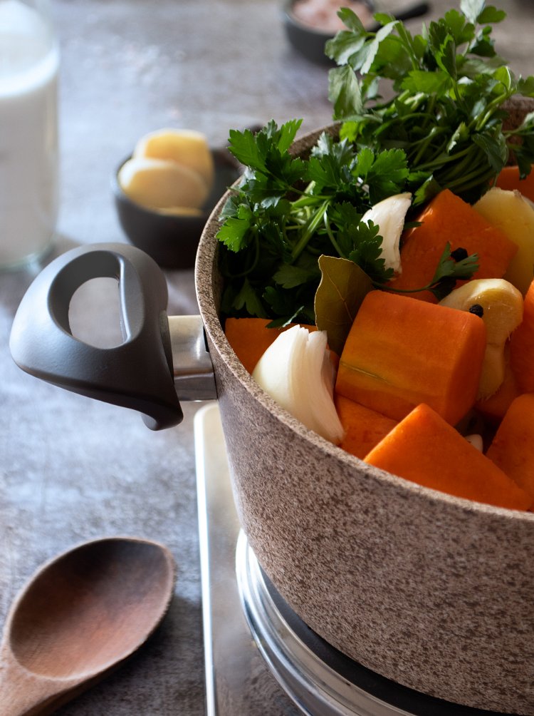 Image of In a medium saucepan, steam the pumpkin with garlic, onion,...