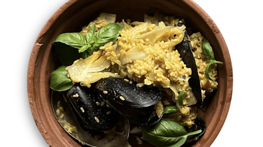 Image of Creamy Cracked Pepper RightRice Risotto with Mussels, Fennel, and Saffron